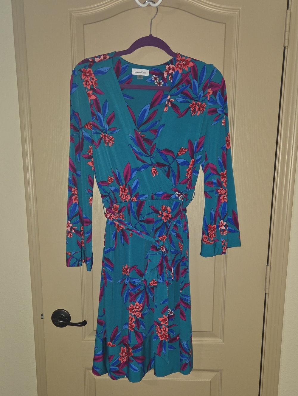Calvin Klein Teal Floral Wrap-Style Midi Dress
